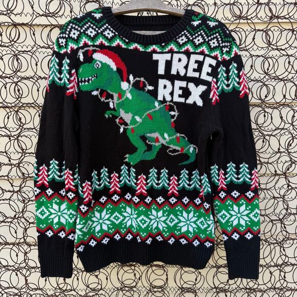 Ugly Christmas Sweater Tree Rex Dinosaur Fair Isle Black Green MEDIUM - Picture 1 of 8